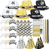 96 Pcs New Year's Eve Party Supplies for 24 Guests, 2026 Happy New Years Decoration with Silver Gold Black Top Hats, Cone Hats, Glitter Tiaras, Beaded Necklace, Squawkers, Noise Makers for Party Decor