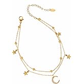 Anklet Bracelets for Women, 18k Gold Plated Titanium Steel Star Moon Foot Jewelry, Dainty Layered Waterproof Anklet for Women, Adjustable Summer Beach Jewelry