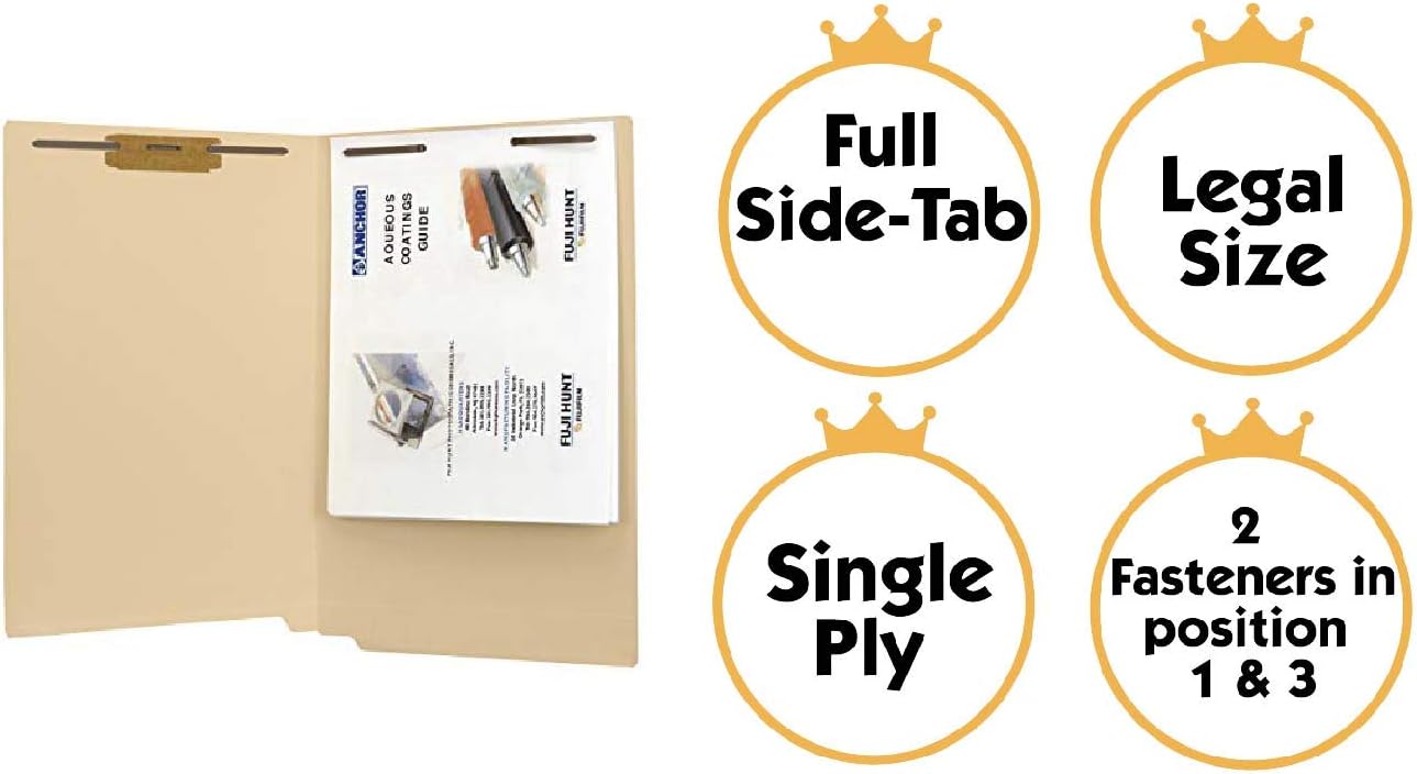 The File King - Manila File Folder - Legal Size - Full Side Tab with 2 Fasteners in Positions 1 and 3 for Shelf Filing - Box of 50 : Office Products