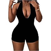 WDIRARA Women's Leopard Print Halter Bodysuit Sexy Sleeveless Romper Tie Backless Short Jumpsuit