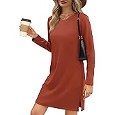 Simlakey Womens Long Sleeve Dress Casual V Neck T-Shirt Dress Side Slit Loose Fit Fall Fashion Travel Airport Outfits