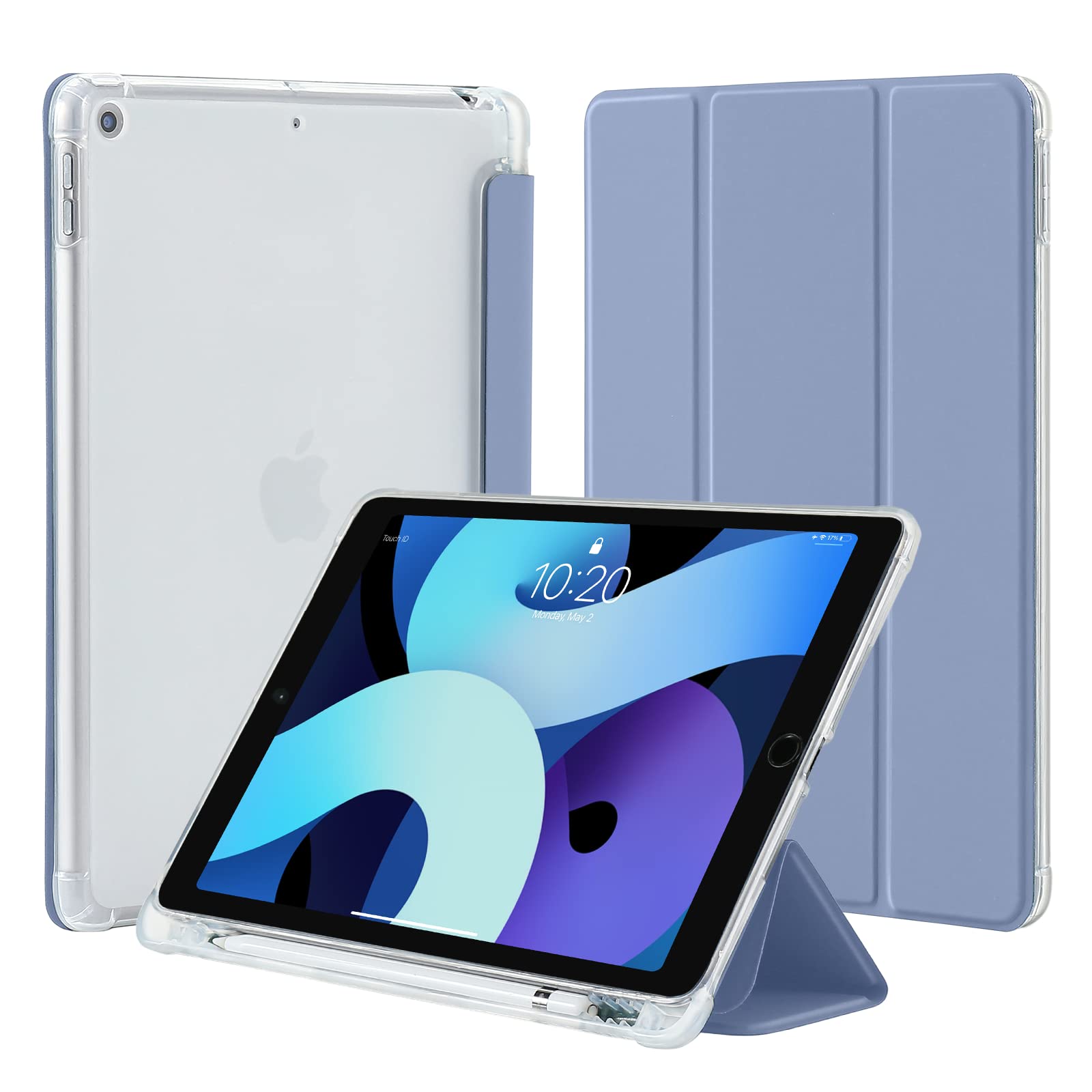 4UBonLife Case for iPad 10.2 inch 9th 8th 7th Generation Case 2021/2020/2019 with Pencil Holder, Slim Stand Smart Case Soft TPU Translucent Frosted Back Cover Shell for Apple iPad 9/8/7, Lavender Grey
