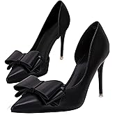 Womens Bow Heels Closed Pointed Toe Dress Shoes Stiletto Slip on Wedding Pumps