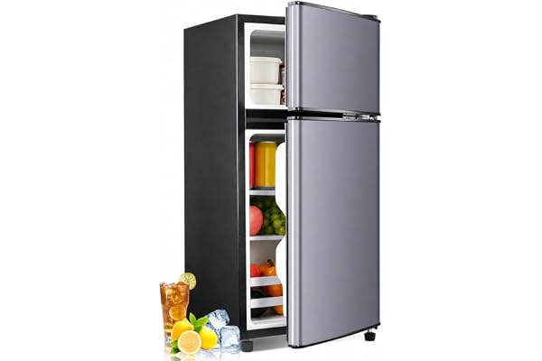 Anypro Fridge with Freezer, 2.9 Cu.Ft Double Door Refrigerator with 7-Level Temperature Control, LED Light, Adjustable Shelves for Bedroom, Office, Dorm, and Apartment, Blue Silver