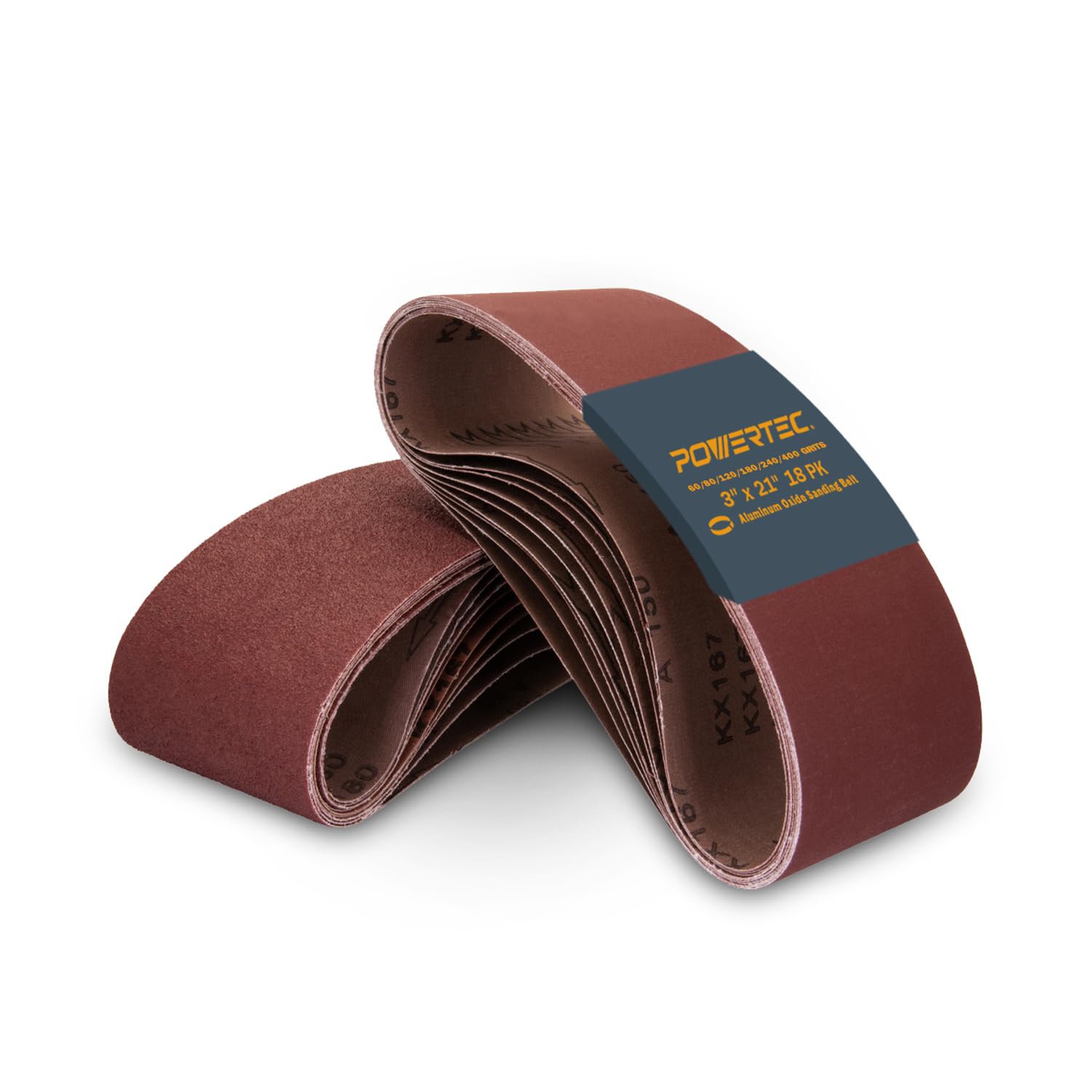 POWERTEC 110438 3 x 21 Inch Sanding Belts | Aluminum Oxide Sanding Belt Assortment, 3 Each of 60 80 120 150 240 400 Grits | Premium Sandpaper for Portable Belt Sander – 18 Pack