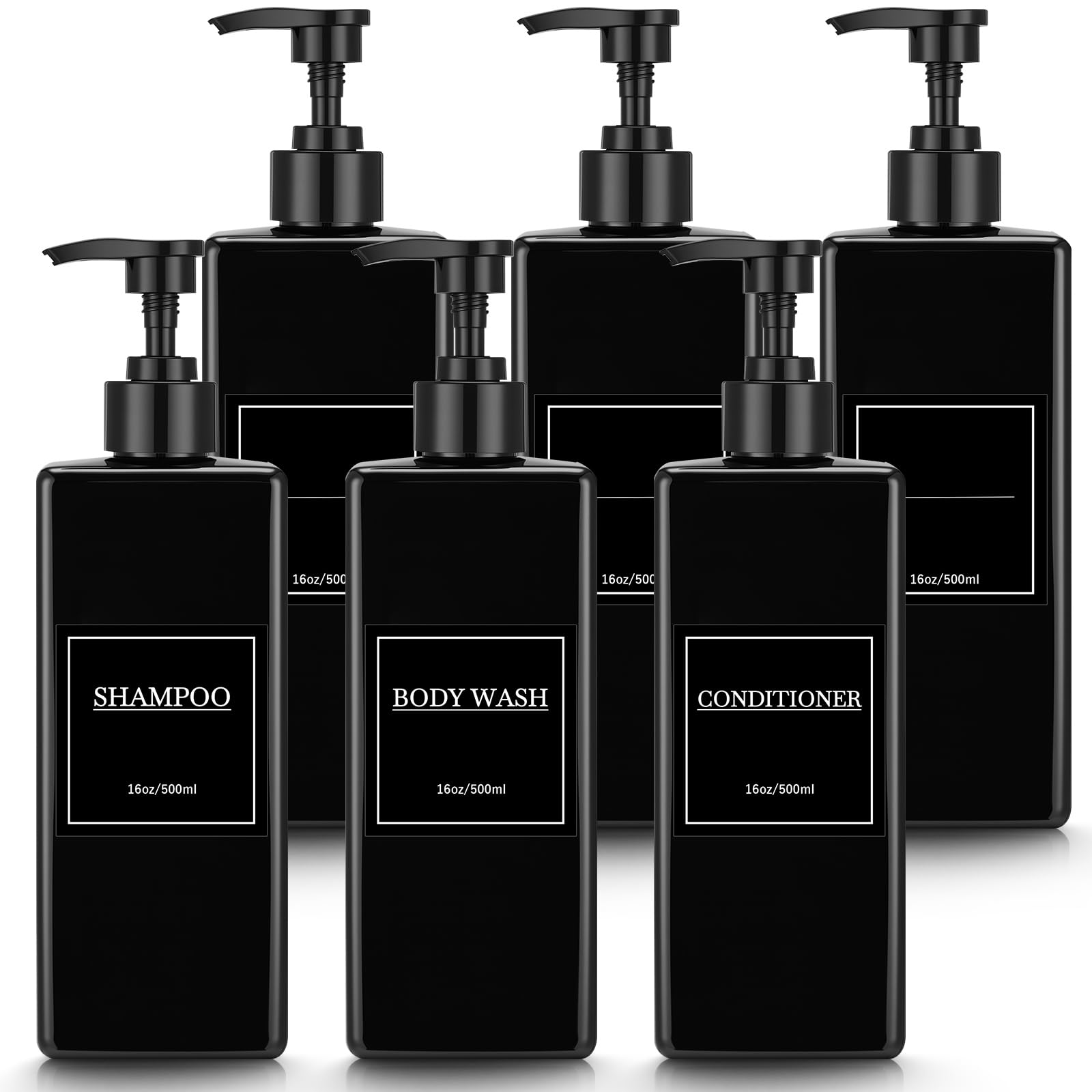 Photo 1 of Tanlade 6 Pcs Shampoo and Conditioner Dispenser Bottles 16oz Modern Shower Soap Bottles with Pump, Labels and Marker Pen Easy to Refill Body Wash Dispensers for Home Bathroom Decoration (Black)