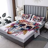 Sugar Skull Sheets King Size - Mexican Day of the Dead Bed Sheets, Soft Microfiber & Deep Pocket & Wrinkle Free Patterned Bedding Sheets & Pillowcases, 1 Fitted Sheet, 1 Flat Sheet, 2 Pillow Cases