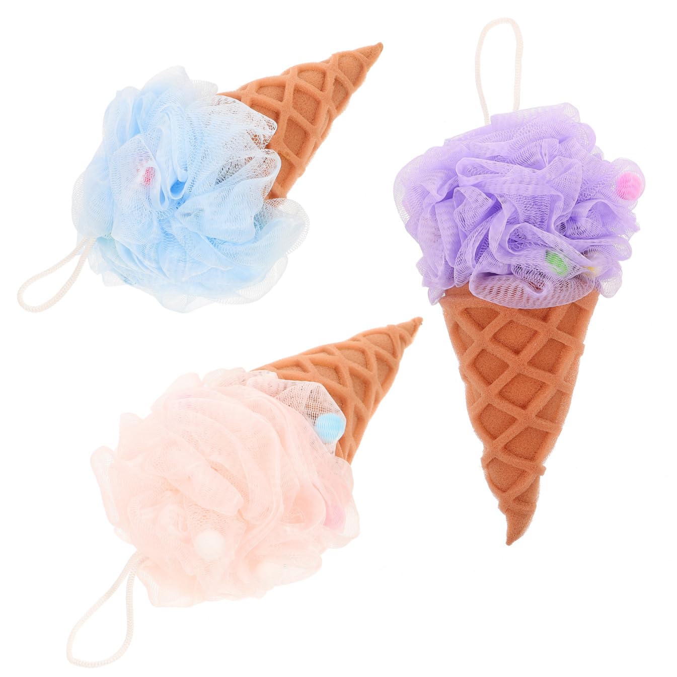 Uonlytech Loofah 3Pcs Bath Shower Sponge Ice Cream Shaped Kids Shower Loofahs Balls Cute Body Scrubber Bubbles Shower for Bath Kids, Brown, Blue, Khaki Makeup Sponge
