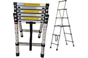 VANDISE Telescoping Ladder A-Frame Extension Ladder Heavy Duty Portable Folding 6FT + 7FT Aluminium Step Ladder, 330lbs Capacity, with Thumb Buttons, for Repairing Roof, Decorating Room, Silver