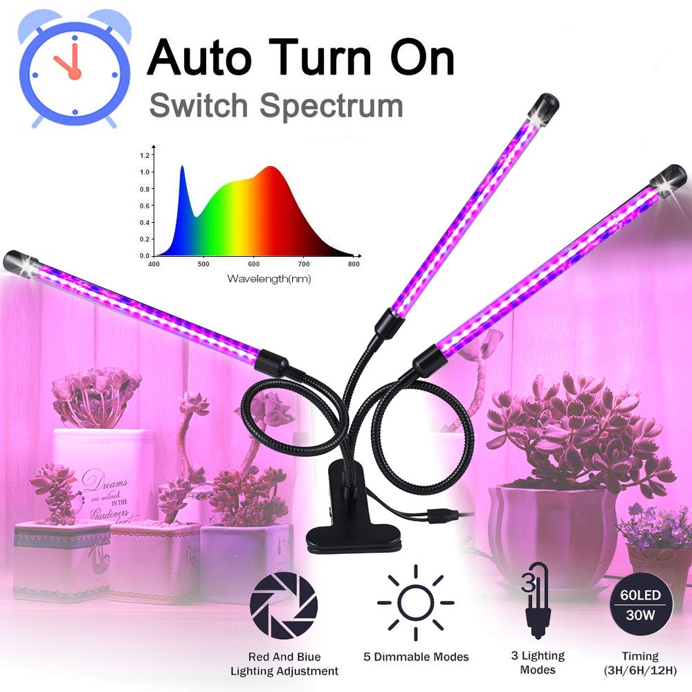 Grow Light, Grow Lights for Indoor Plants - BaoChen 30W Plant Light with Auto Turn On Function, 60 LED, 3/6/12H Timer, 5 Dimmable Modes, 3 Spectral Modes, 3 Divide Control Grow Lamp [Upgraded Switch]