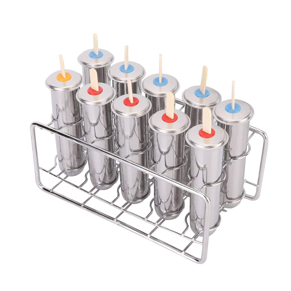 Ice Maker Mold Set, 10 Pcs Mini Cake Lolly Mould 304 Stainless Steel Popsicle Mold Maker Round Head Reusable Ice Cream Mould with 50 Sticks for Yogurt Milk Jelly
