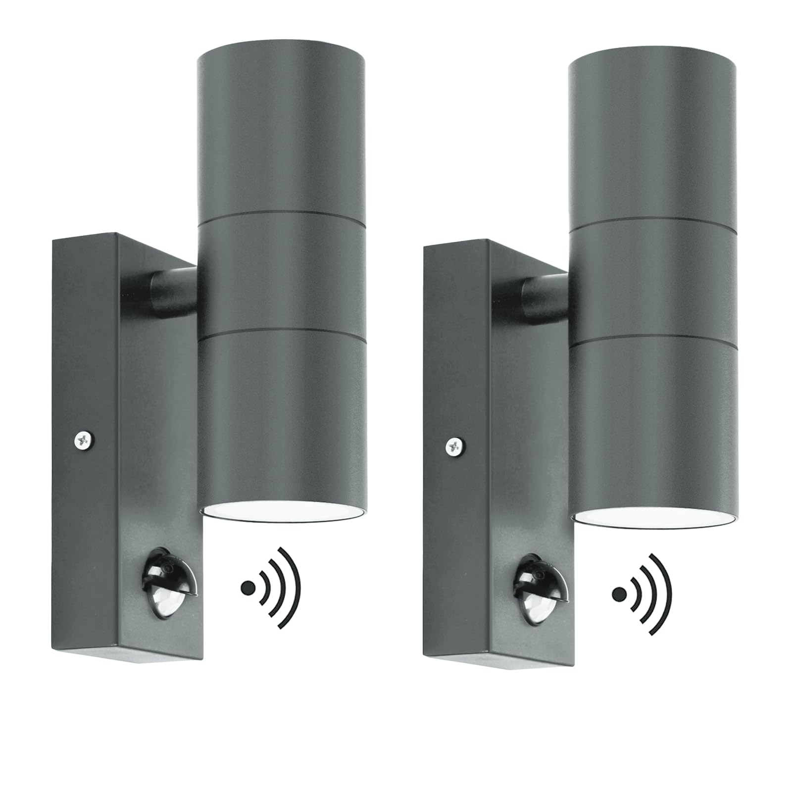 Kerry Outdoor Wall Lights, Up and Down Lamp with Motion Sensor, IP44 Anthracite Grey Stainless Steel Outside Lighting Mains Powered Fixtures, PIR Detector External Wall Sconce for Front Door - 2 Pack