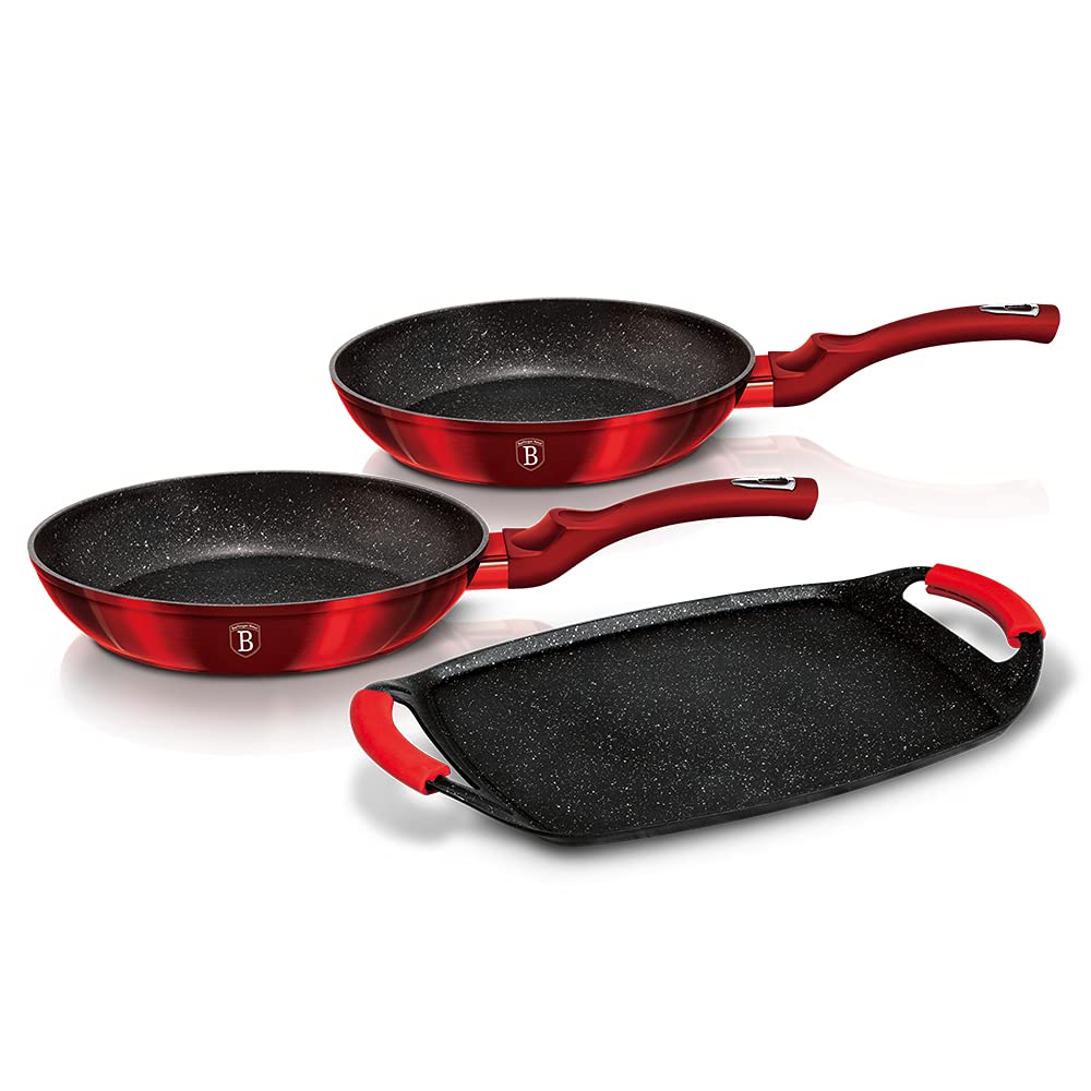 BerlingerHaus 1 Pair of Pans 22 cm and 26 cm with Grill pan, Burgundy