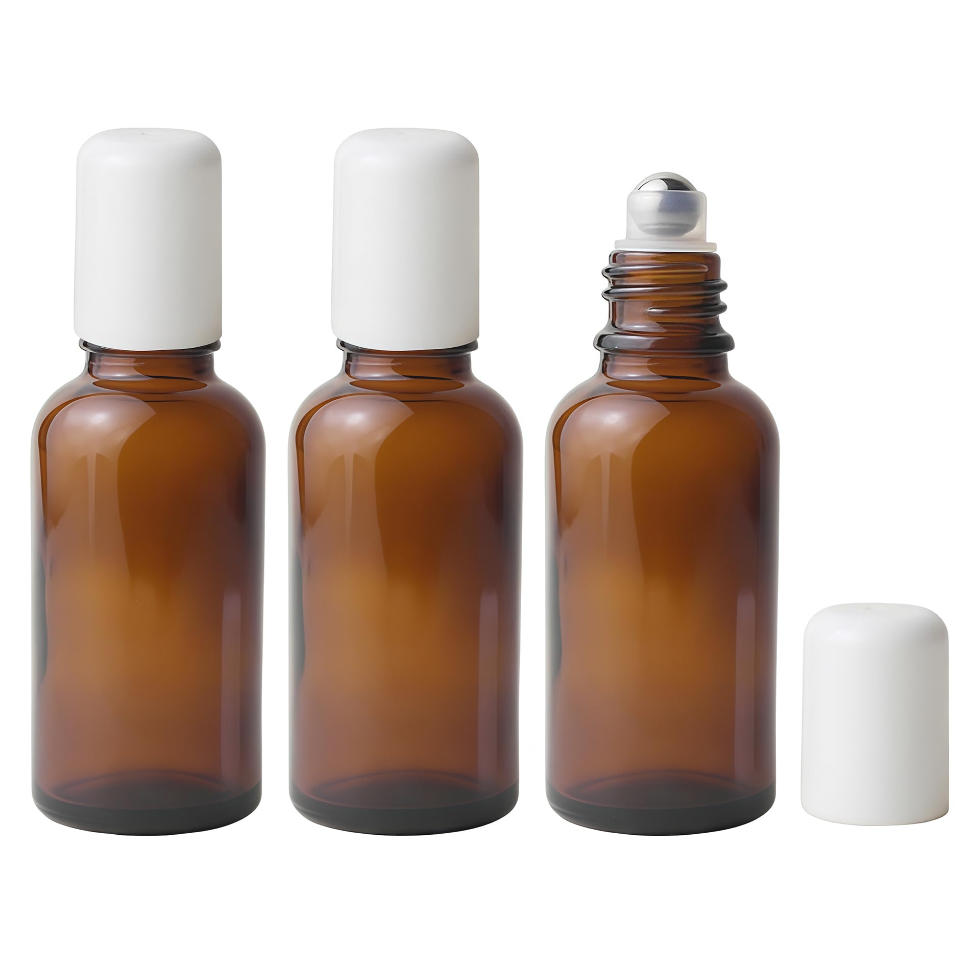 ericotry 3Pcs Empty Refillable Amber Glass Roll-on Roller Bottles with Stainless Steel Roller Balls and White Cap for Essential Oil Perfumes Lip Balms Attar Travel Container size 30ml