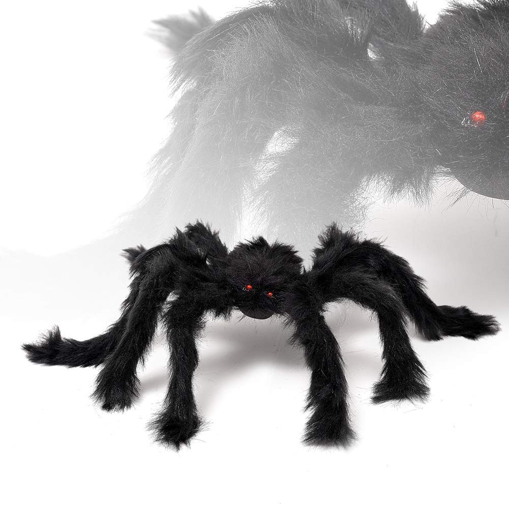 3 Pack Halloween Giant Spider Set, Large Fake Spider Realistic Hairy Spiders Halloween Indoor and Outdoor Yard Decoration, Creepy Black Spiders Comes With 24pcs Small Size Halloween Bat Kit for Gift