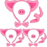 TMKEFFC 12 PCS Pig Costume Accessories Set – 3 Pack Pig Nose, Ears Headband and Curly Tail Kit – Animal Dress Up for Halloween, School Plays, Farm Party, Cosplay & Birthday Gifts