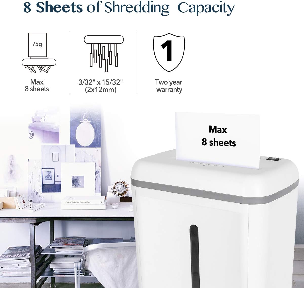 WOLVERINE 8-Sheet Super Micro Cut High Security Level P-5 Ultra Quiet Paper/Credit Card Home Office Shredder with 17-Litre Pullout Waste Bin SD9101 (White) - Image 3