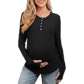 FMEYOA Women's Maternity Shirts Casual Long Sleeve Round Neck Button Side Ruched Pregnancy Clothes S-XXL