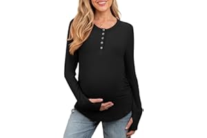FMEYOA Women's Maternity Shirts Casual Long Sleeve Round Neck Button Side Ruched Pregnancy Clothes S-XXL