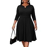 Nmoder Womens Plus Size Cocktail Dress 3/4 Sleeve Church Dresses for Women Midi Work Crewneck Dress with Pockets