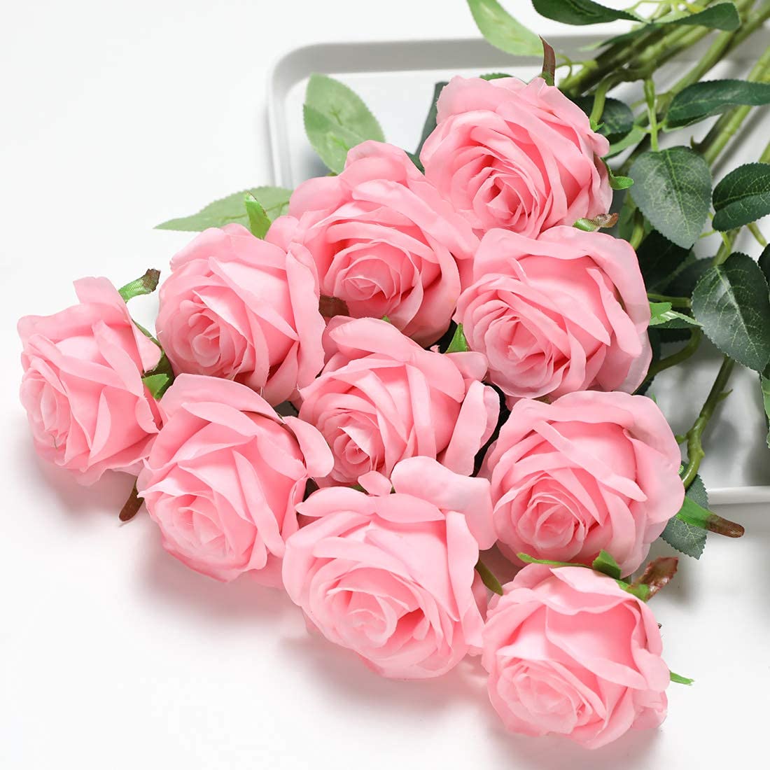 Veryhome 10 Pcs Artificial Roses Silk Flowers Fake Single Stem Blooming Rose Bridal Bouqets For Wedding Home Birthday Party Arrangment Garden Decoration (Pink)