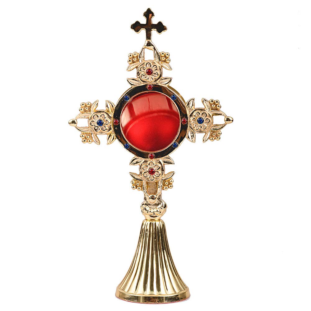 NKlaus Monstrance 25cm High Reliquary with Stones Cross Reliquary Brass Solid Gold Container for your Souvenir Holder Home Altar Handmade 2843