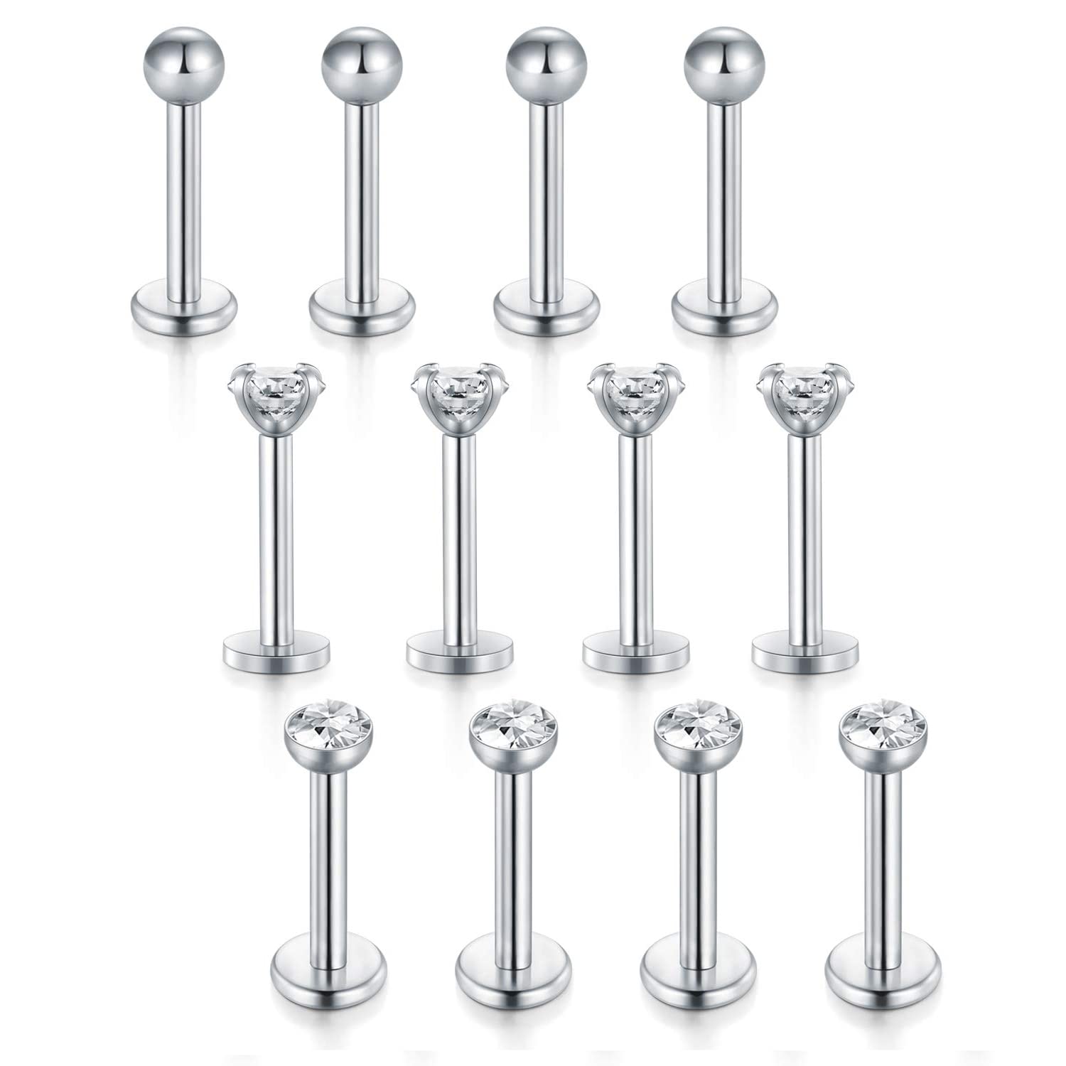 VCMART 12pcs Silver Labret Lip Stud Bars Set 16 Gauge Surgical Steel Monroe Tragus Cartilage Piercing Jewellery