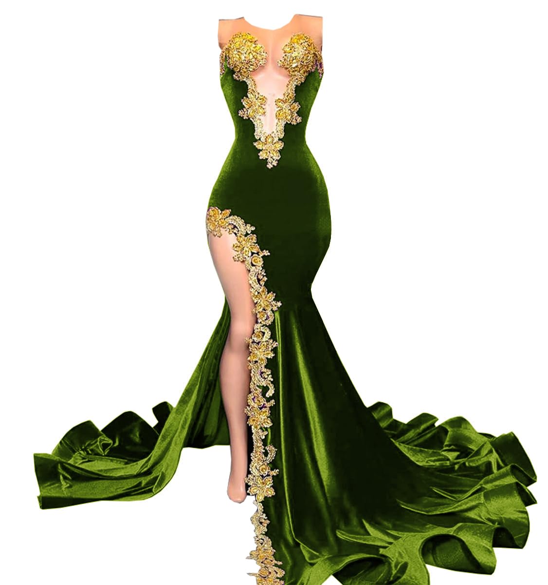 Photo 1 of MTVOPN Velvet Prom Dresses Beaded Applique Sleeveless Celebrity Pageant Split Mermaid Evening Gala Gown Green-2