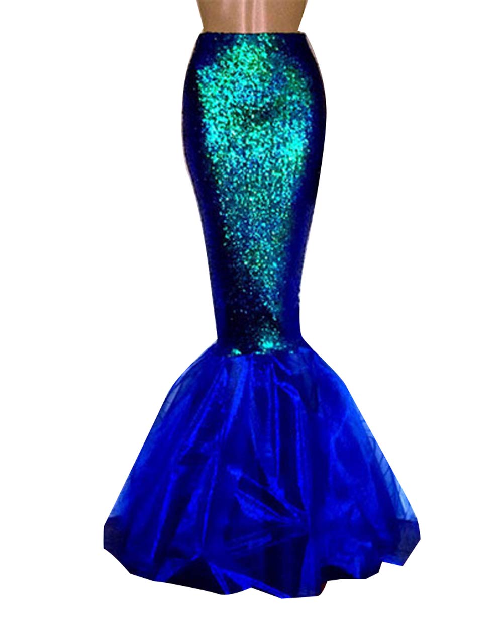 Loalirando Women's Mermaid Costume Halloween Mermaid Stage Costumes Sequins Maxi Skirt Cosplay Carnival Evening Dress (Blue, L)