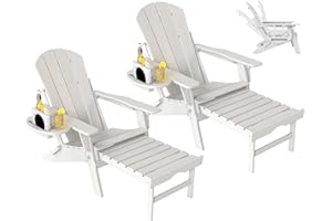NAVINE Adjustable Adirondack Chair with Retractable Ottoman Set of 2, HDPE Folding Adirondack Chair with Cup Holder, All Weather Fire Pit Chair for Outdoor.