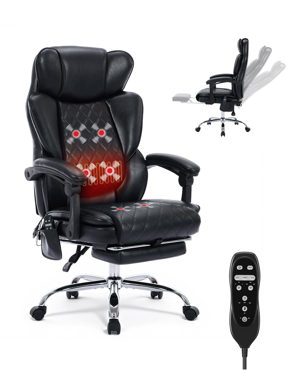 Massage Office Chair with Foot Rest, 6 Points Vibration and Heat Home Office Desk Chairs, 22.05” Wide Big and Tall Office Chair for Heavy People, Ergonomic Reclining Gaming Chairs, Black