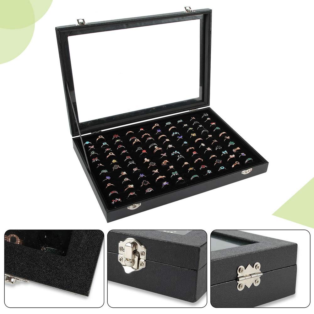 Ring Display Case Organizer Box with Transparent Lid, Ring Holder Showcase For Store Display Jewelry Show Home, Ring Organizer For Jewelry Rings, Studs Earrings (100 Slot, Black)