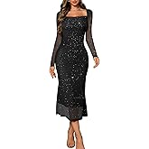 DRESSTELLS Women's Formal Wedding Guest Cocktail Party Sequin Sparkly Mesh Long Bodycon Dress