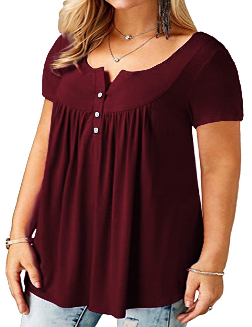 DIOLOCA Women\'s Pleated Tunic Shirts Plus Size V Neck Short Sleeve Shirts Button Up Blouses Summer Wine Red 4X