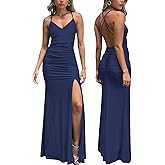 Atizon Women's Cocktail Maxi Dresses 2026 Sexy V Neck Spaghetti Strap Ruched Split Bodycon Formal Wedding Guest Long Dress