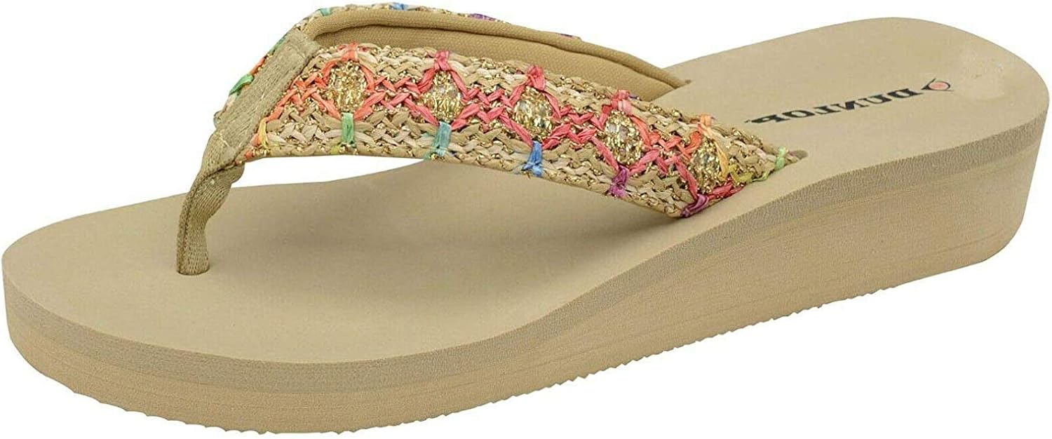 Dunlop Ladies Brown Beige Summer Sandals Flip Flops Casual New Wedge