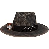 RUEDIGER Vintage Wide Brim Fedora Hats 100% Wool Stiff Felt Hat Rancher Hat with Lightning Logo Handmade Distressed/Burned