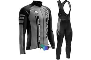 HECLOK Men Cycling Jersey Set Long Sleeve Pro Cycling Clothes + Bib Pants with 9D Gel Padded ＋Cycling Windproof Goggles