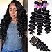 Ugrace Hair Bundles with Closure Natural Loose Deep Wave Human Hair with Closure Brazilian Virgin Hair with Lace Closure with Baby Hair Natural Color Soft and Bouncy 16/18/20+14 Inch Free Part