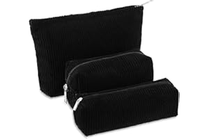 Huhumy 3 Pcs Makeup Bag Set for Women Corduroy Cosmetic Pouch Aesthetic Smile Travel Toiletry Bag Cute Purse Pouch Pencil Case Makeup Brushes Storage Organizer for Christmas(Black,Solid Style)