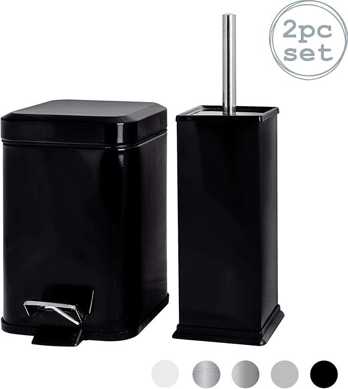 Harbour Housewares Square Steel Bathroom Pedal Bin & Toilet Brush Set
