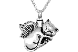 OutstandLong Cute Angel Cat Pet Urn Necklace for Ashes Cremation Jewelry Memorial Animal Stainless Steel Pendant Ashes Holder