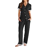 Ekouaer Womens Pajama Sets Short Sleeve Button Up Pjs, Chic Contrast Trim, Long Pants with Pockets,Soft Loungewear Set S-XXL
