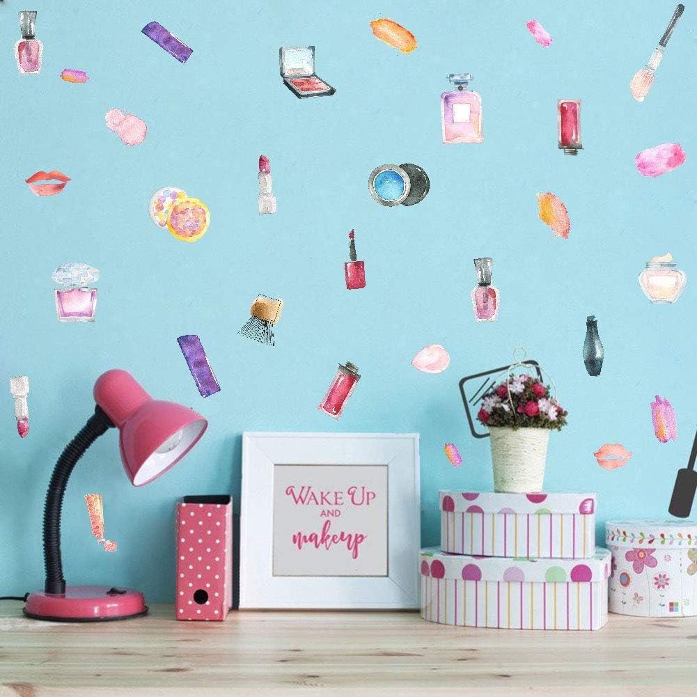 IARTTOP Watercolor Fashion Cosmetic Wall Decal, Beauty Salon Centre Makeup Wall Sticker, Colorful Lipstick Perfume Decal for Girls Women (30pcs)