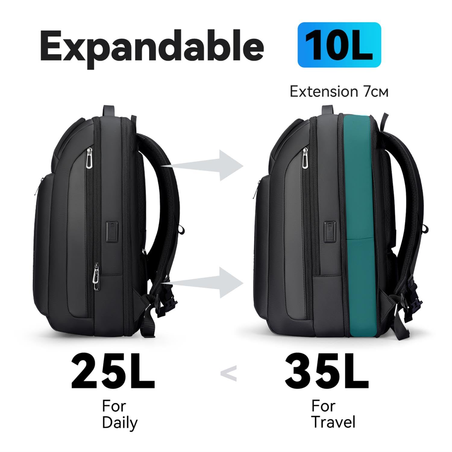 MARK RYDEN Erweiterbarer 25L-35L Große Kapazität Business Rucksack Herren, 15.6 Zoll Laptop Rucksack mit USB-C, 45x30x18 Reiserucksack für Städtetrips und Kurzurlaube - Schwarz 4