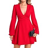 Parthea Women's Long Sleeve V Neck Mini Work Dress A Line Swing Short Lantern Sleeve Wrap Button Formal Dress