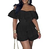 Geulis Womens Boho off Shoulder Rompers Summer Ruffle Dresses Short Sleeve Tiered Short Jumpsuits