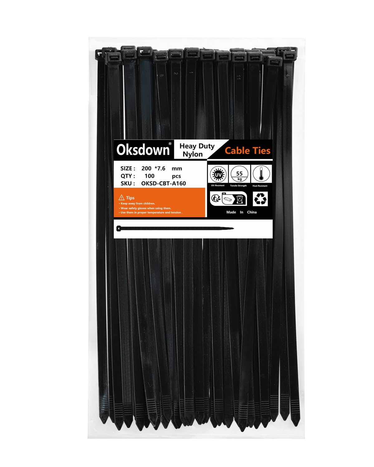 Oksdown 100 Pack Black Thick Cable Ties Heavy Duty Large 200mm×7.6mm Strong Nylon Plastic Self Locking 8 inch/20 cm Zip Tie Wraps