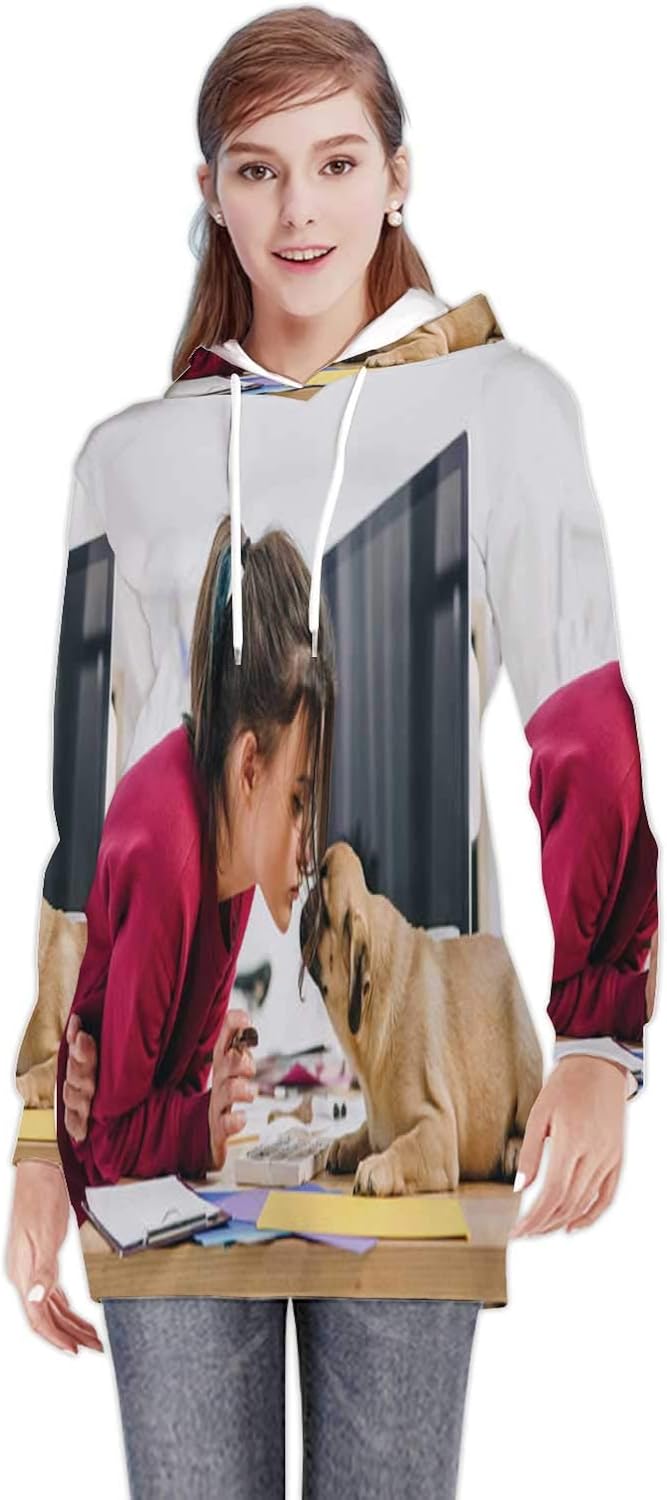Pretty Lady - ing Pug While Working on -s in Home Office,Women's Sweatshirt Casual Long Sleeve Pullover Hoodie Dress
