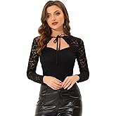 Allegra K Halloween Gothic Choker Tie Neck Blouse for Women's Long Sleeves Floral Lace Top